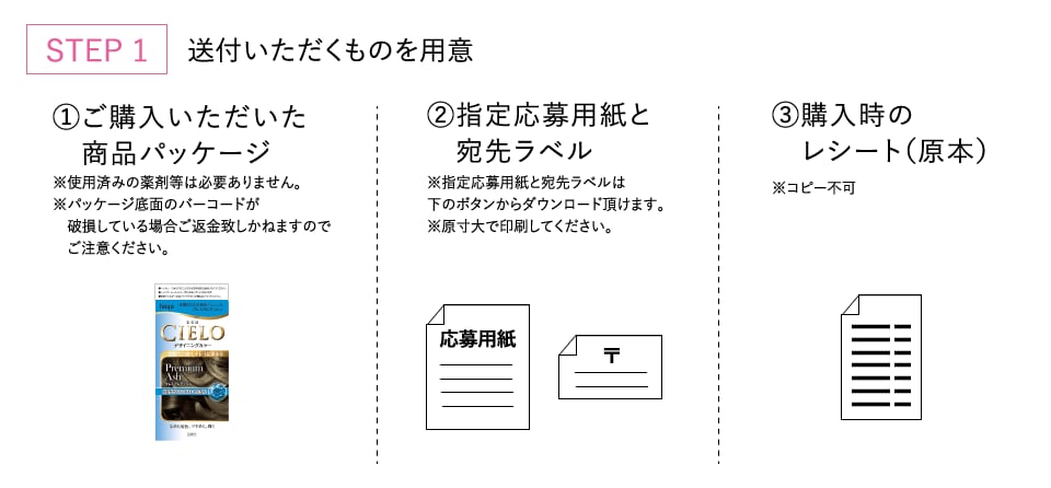 ステップ1 送付いただくものを用意 1.ご購入いただいた商品パッケージ 2.指定応募用紙と宛先ラベル 3.購入時のレシート（原本）