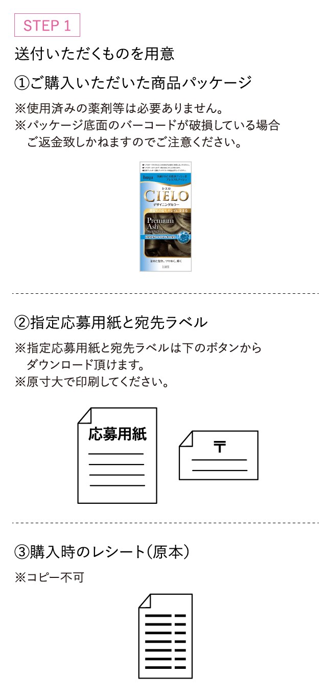 ステップ1 送付いただくものを用意 1.ご購入いただいた商品パッケージ 2.指定応募用紙と宛先ラベル 3.購入時のレシート（原本）