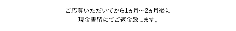 ご応募いただいてから1ヵ月〜2ヵ月後に現金書留にてご返金致します。